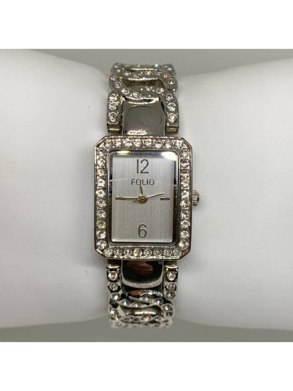 Folio women cuff bracelet watch rhinestones silver tone 20mm  size 7” running